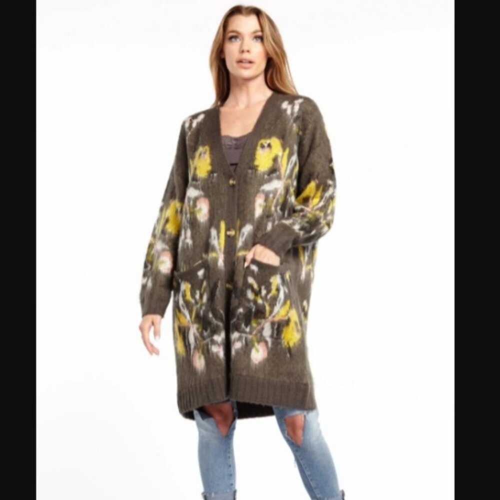 Aratta Dark Knight Dark Grey Floral Cardigan Sweater sz S, NWT /B14